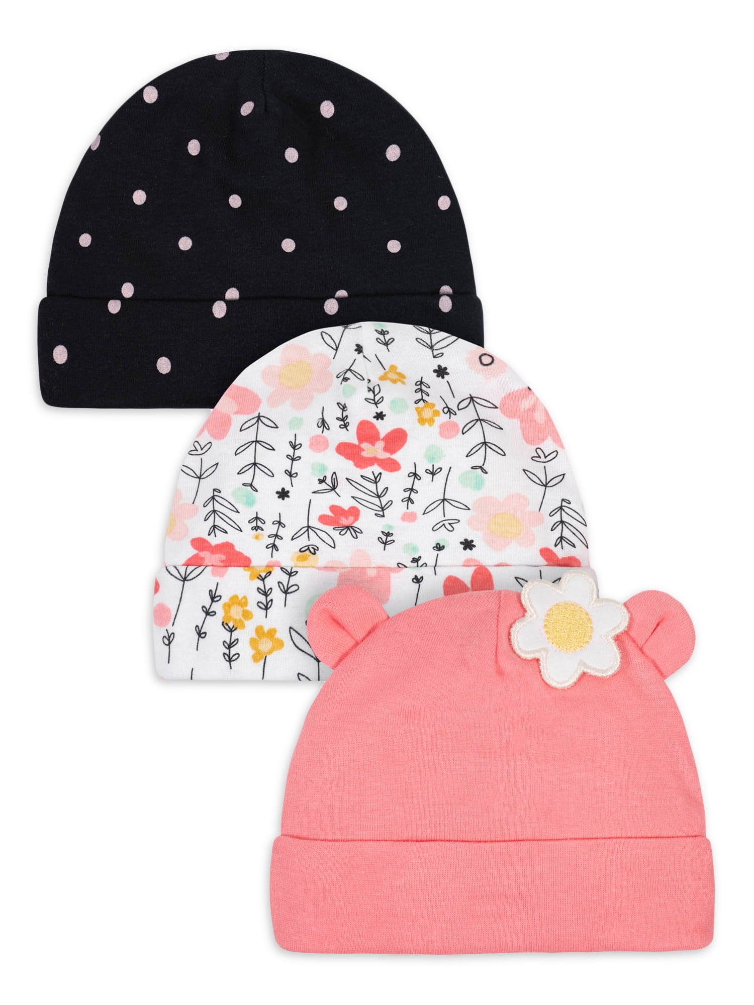 Gerber Baby Girl Caps, 3Pack (Newborn 0/6M)