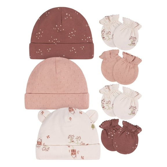 Gerber Baby Girl Caps and Mittens Gift Set, 7-Piece, Sizes Newborn - 0/3 Months