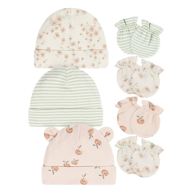 Gerber Baby Girl Caps and Mittens Gift Set, 7Piece, Sizes Newborn 0/
