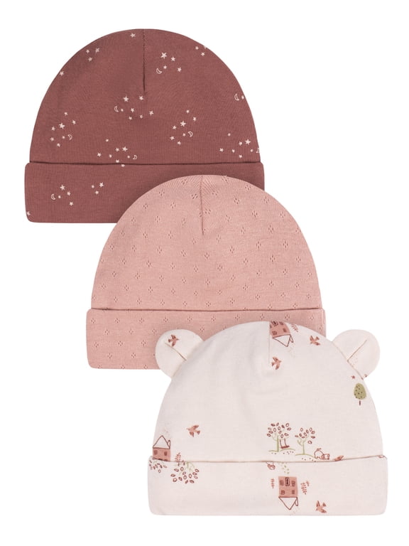 Baby Girl Cotton Caps, 3-Pack, Sizes Newborn - 0/6 Months