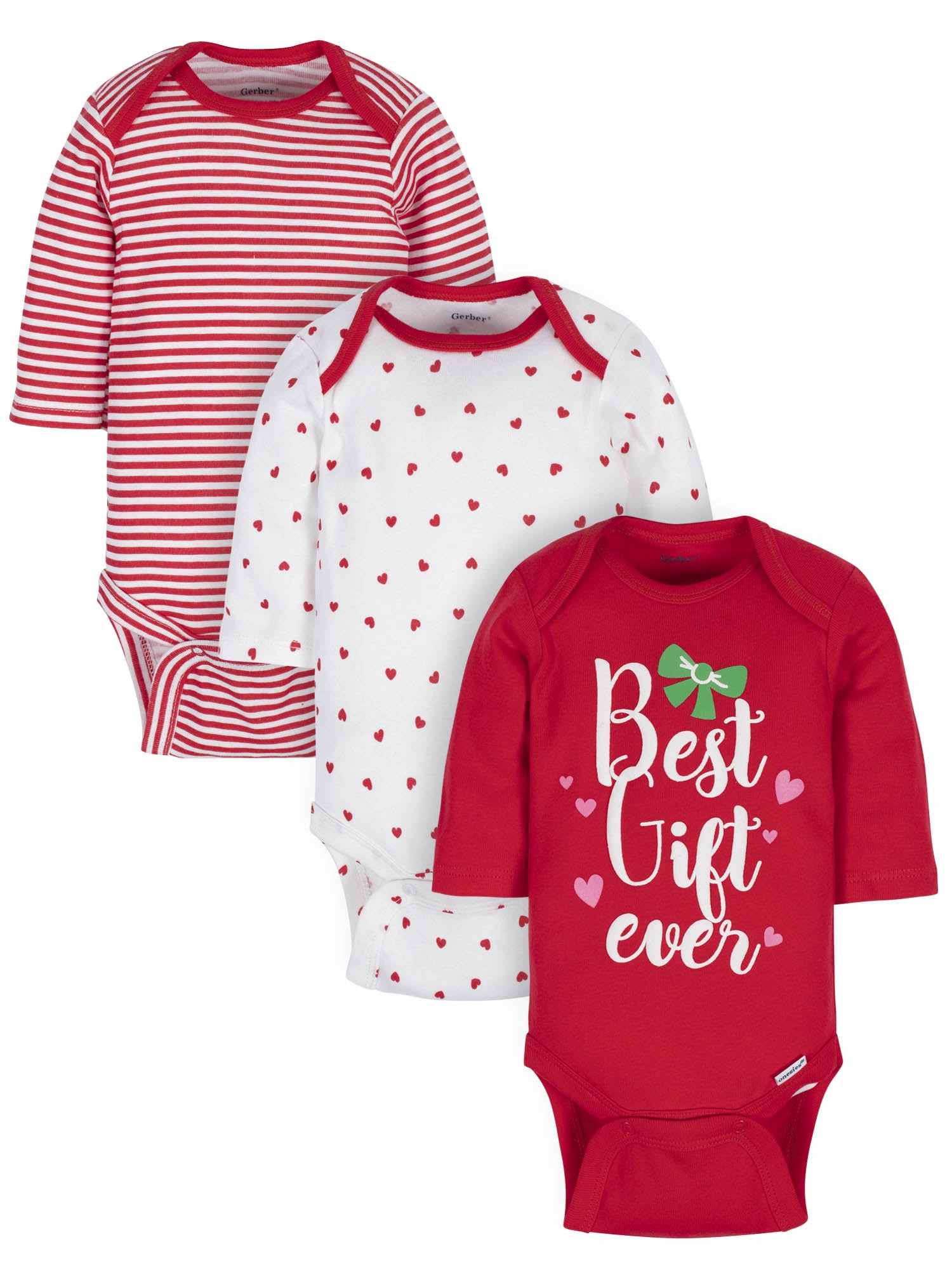 Gerber Baby Girl Holiday Assorted Long Sleeve Onesies Bodysuits, 3Pack