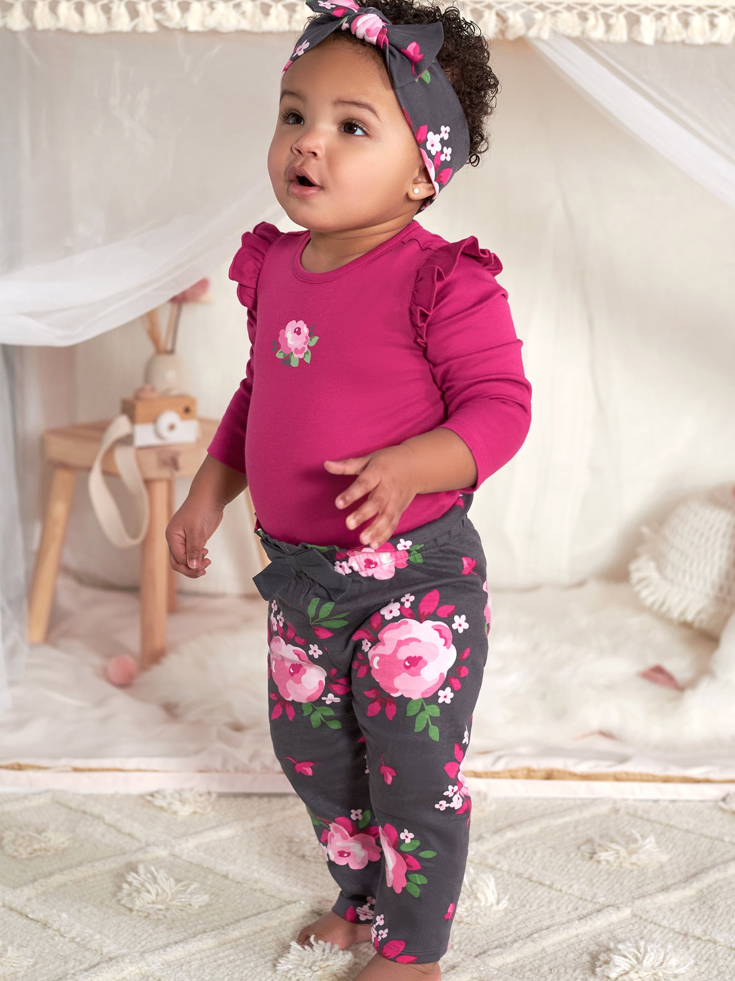 Gerber Baby Girl Long Sleeve Onesies Bodysuit, Pant & Headband Outfit Set, 3-Piece, (Newborn - 18 Months)