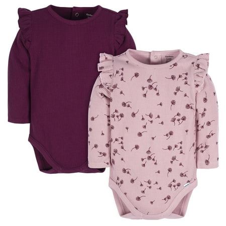 Gerber Baby Girl Long Sleeve Onesies Bodysuits, 2-Pack, Newborn - 12M