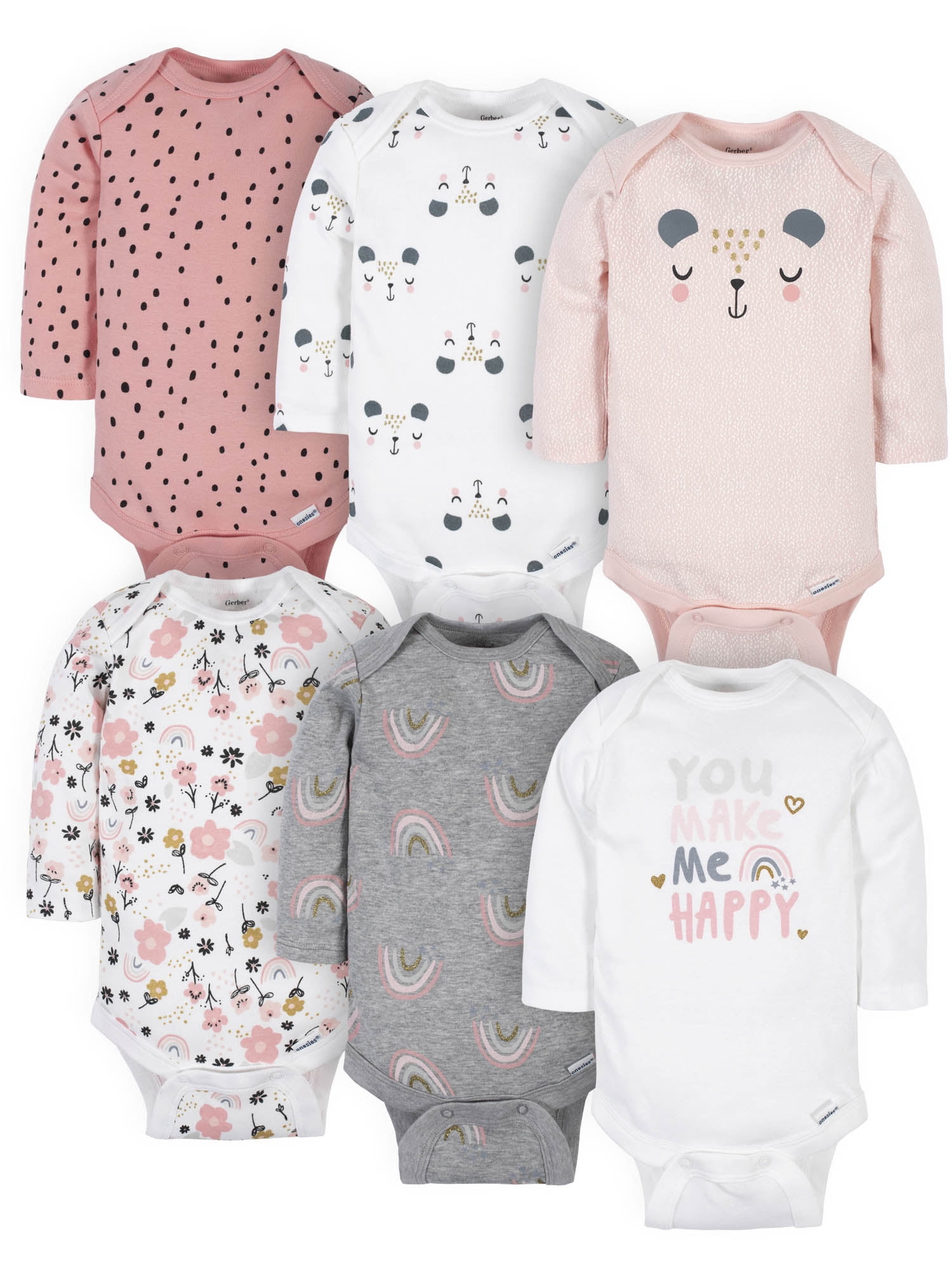 Gerber Baby Girl Long Sleeve Onesies Bodysuits, 6-Pack