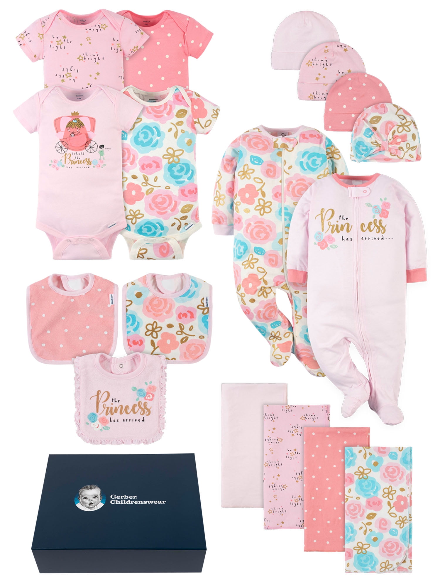 Gerber Baby Girl Newborn Shower Gift Set & Gift Box, 17Piece, (Newborn