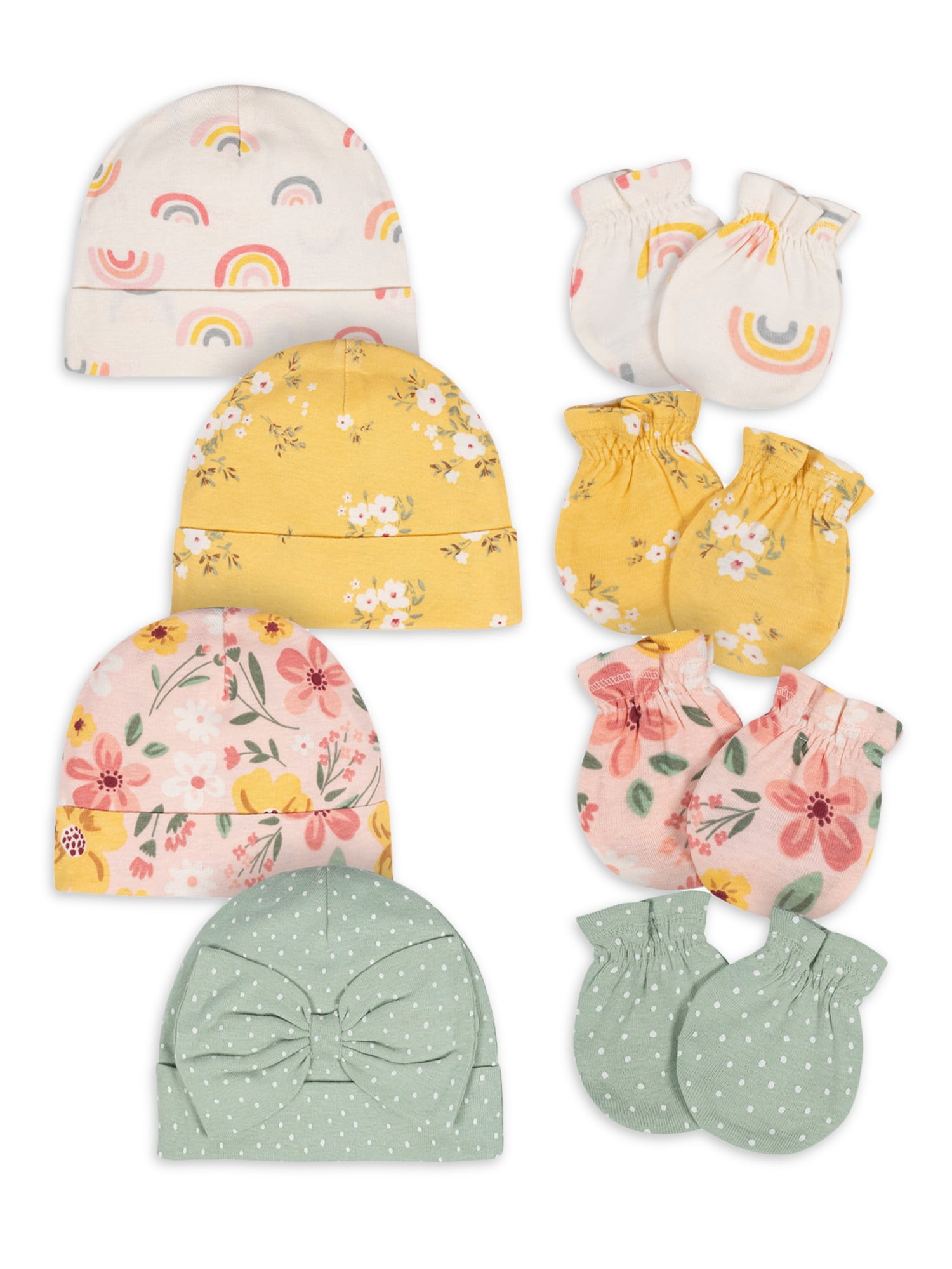 Gerber Baby Girl No Scratch Mittens & Caps Set, 8-Piece (Newborn - 0/3M)