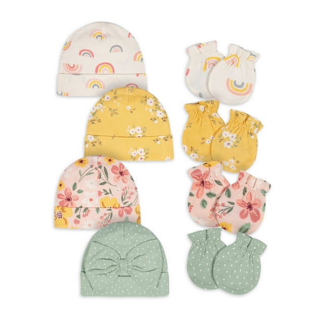 Gerber Baby Girl No Scratch Mittens & Caps Set, 8Piece (Newborn 0/3M