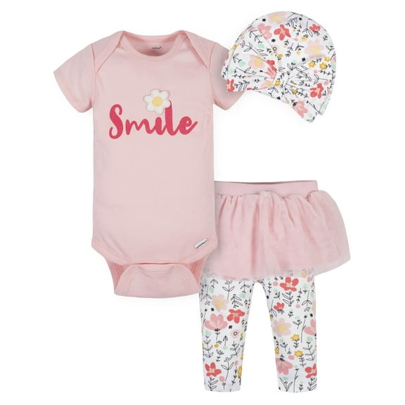 Gerber Baby Girl Onesies Bodysuit, Pull-On Tutu Legging & Cap Set, 3-Piece (Newborn - 3/6M)
