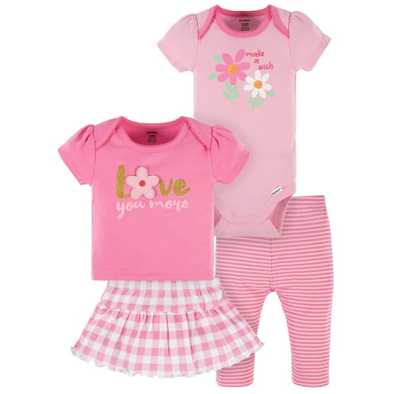 Gerber Baby Girl Onesies Bodysuit, Shirt, Skort & Pant Outfit Set, 4-Piece