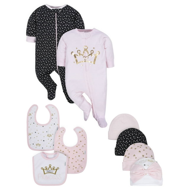 Gerber Baby Girl Organic Outfit Sleep 'N Play Sleepers, Caps and Bibs