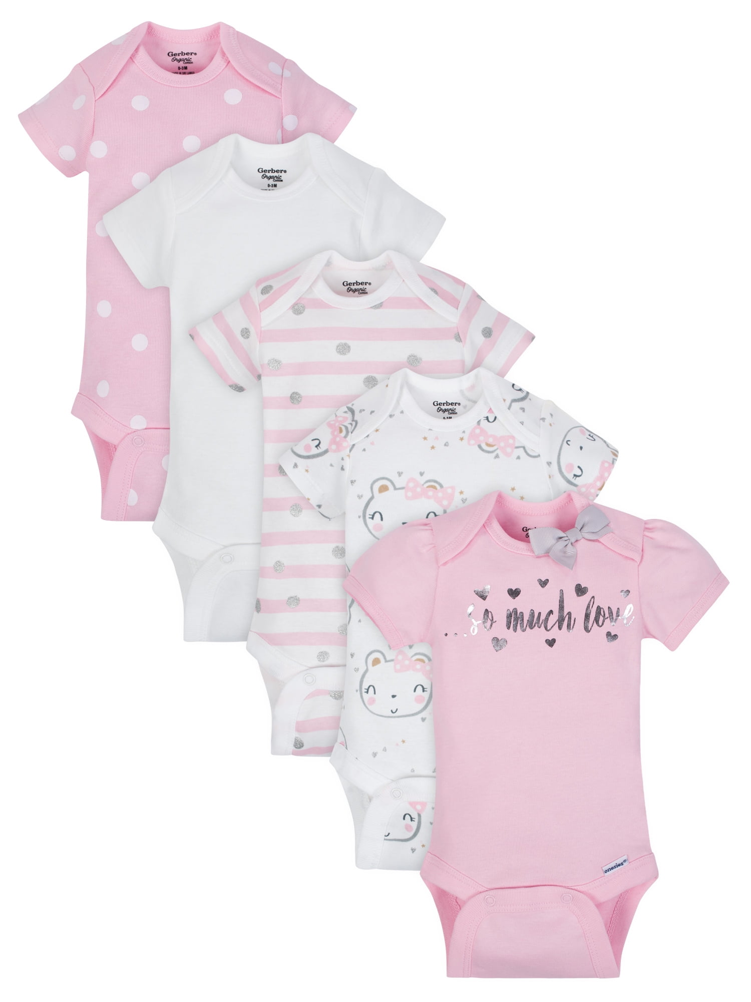 Gerber Baby Girl Organic Short Sleeve Onesies Bodysuits, 5Pack