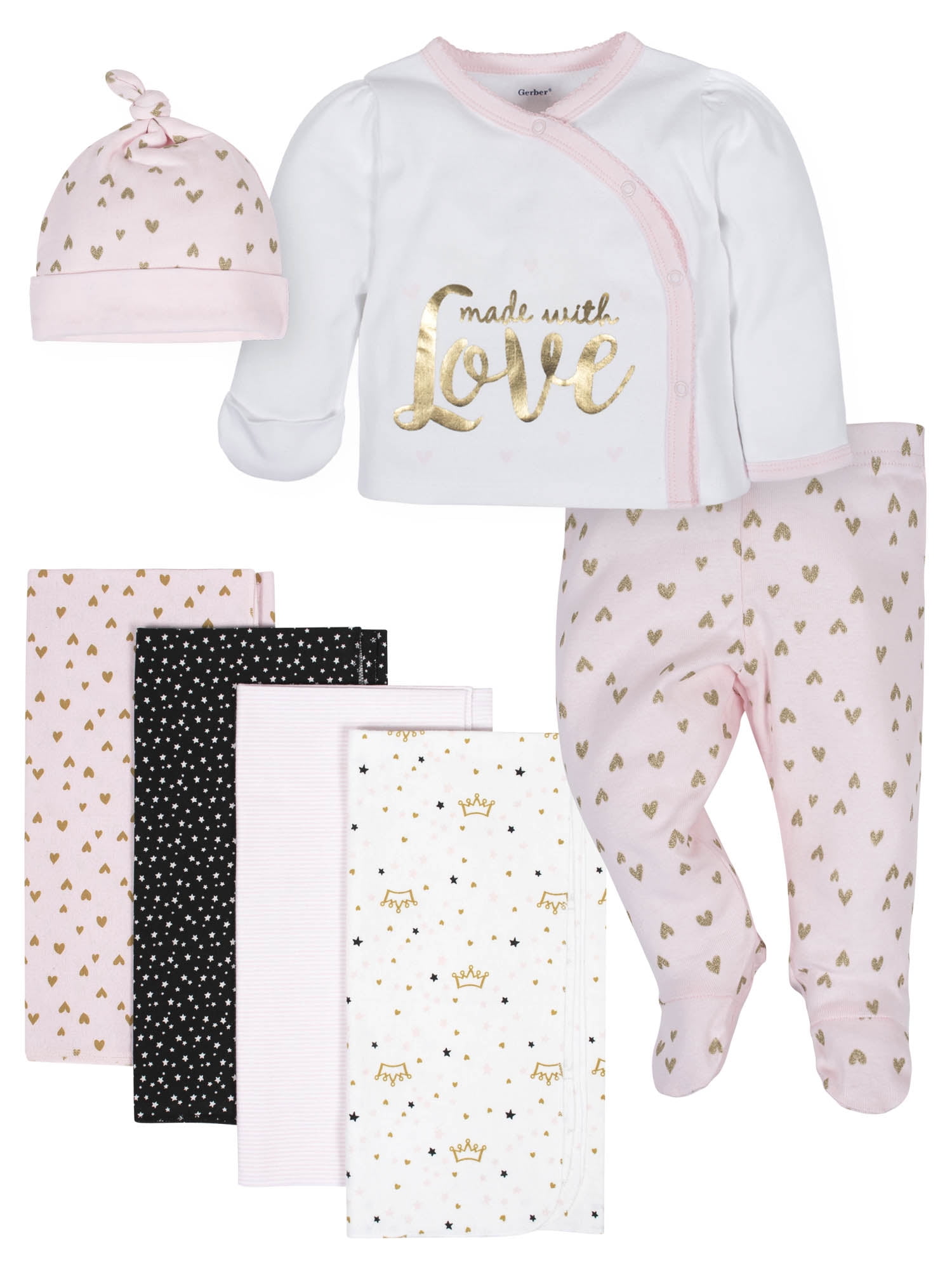 Gerber Baby Girl Organic Take Me Home Outfit Set & Blankets Bundle, 7