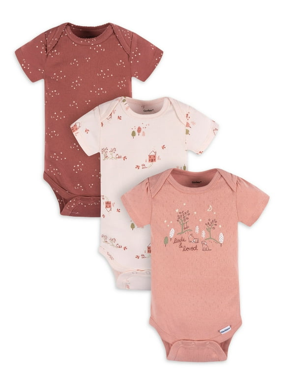 Gerber Baby Girl Short Sleeve Cotton Bodysuits, 3-Pack, Sizes Preemie - 12 Months