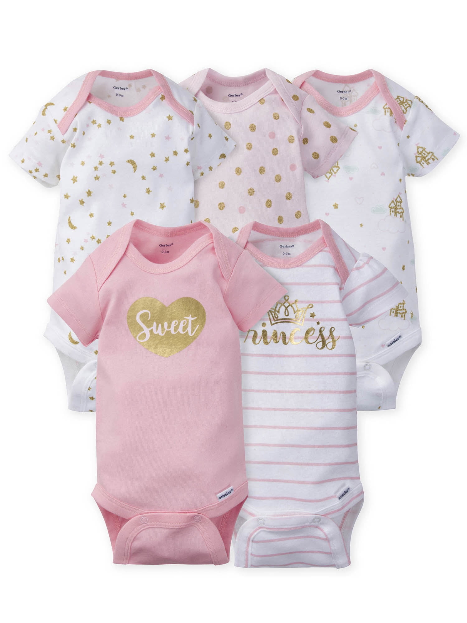 Gerber Baby Girl Short Sleeve Onesies Bodysuits, 5-Pack (Newborn - 12 Months)