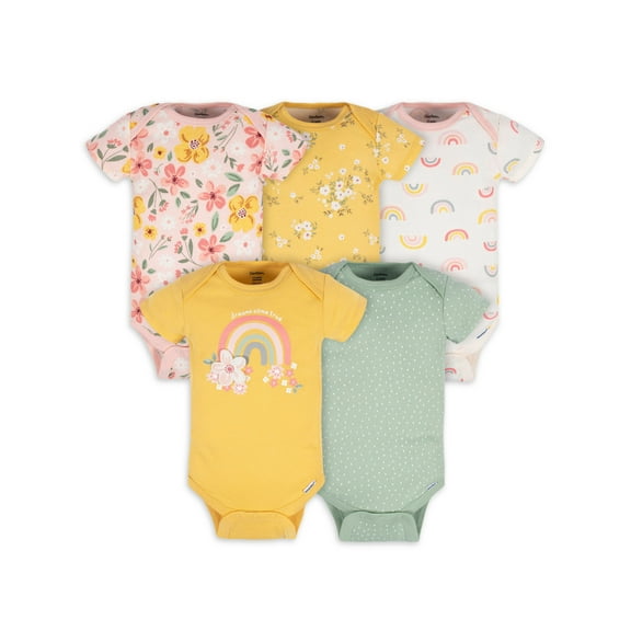 Gerber Baby Girl Short Sleeve Onesies Bodysuits, 5-Pack (Newborn - 12 Months)