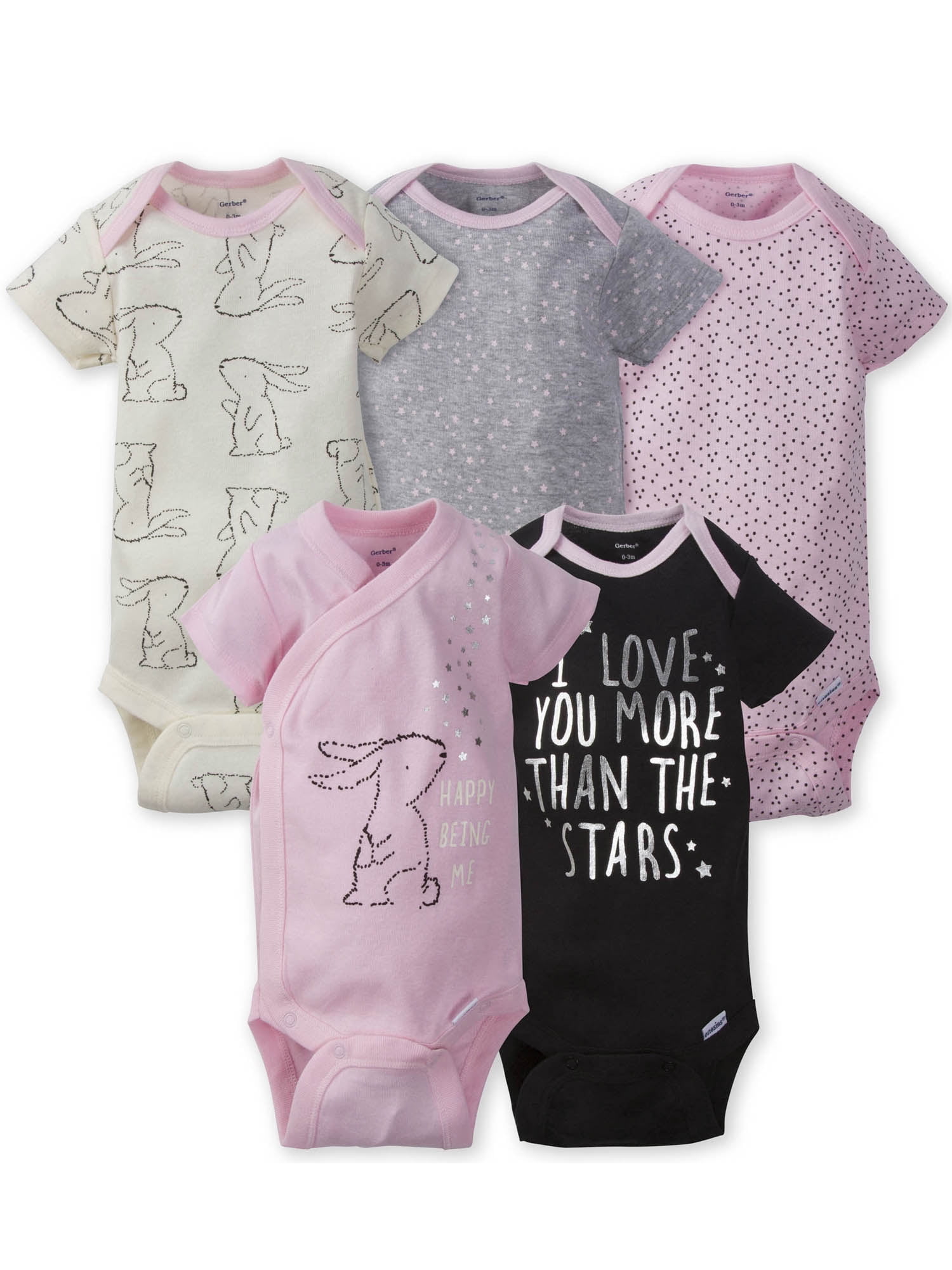 Gerber Baby Girl Short Sleeve Onesies Bodysuits, 5-Pack (Newborn - 12 Months)
