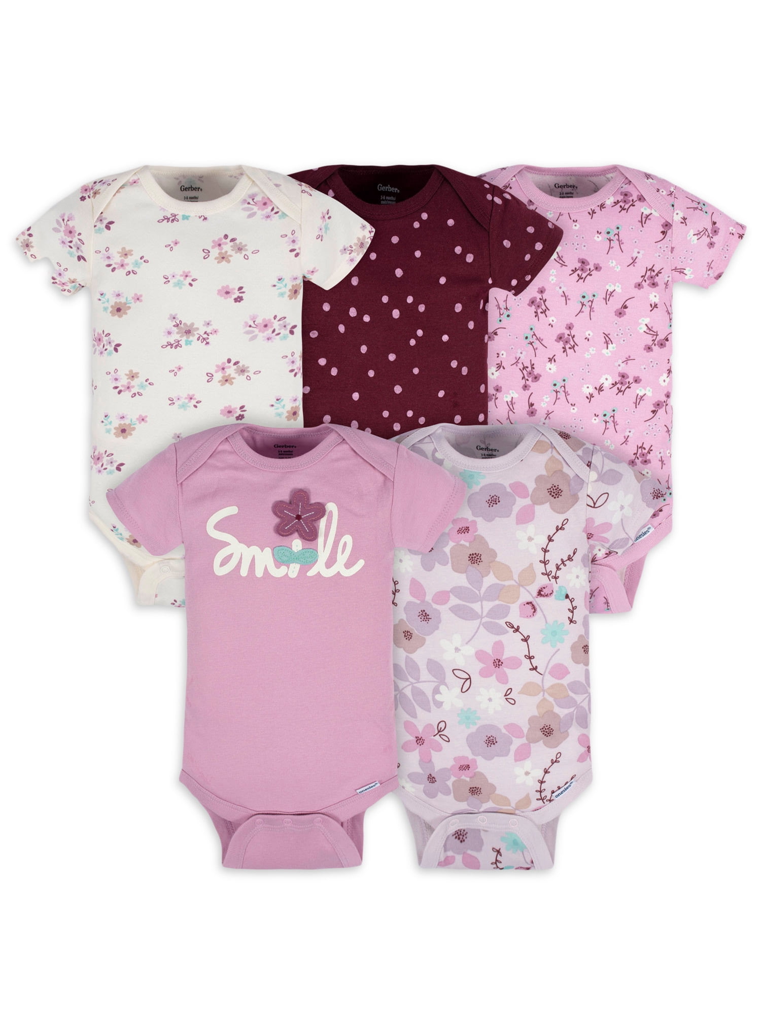 Gerber Baby Girl Short Sleeve Onesies Bodysuits, 5Pack (Newborn 12