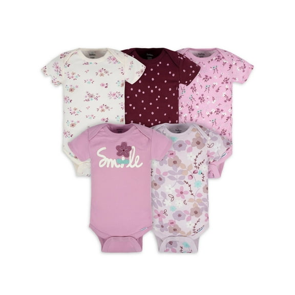 Gerber Baby Girl Short Sleeve Onesies Bodysuits, 5-Pack (Newborn - 12 Months)