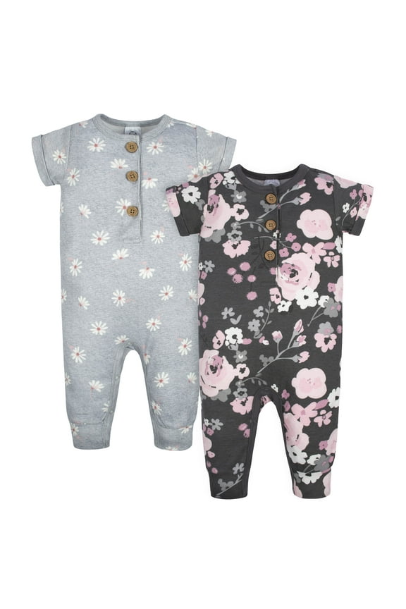 Baby Girl Short Sleeve Rompers, 2 Pack, Size Newborn - 24 Months