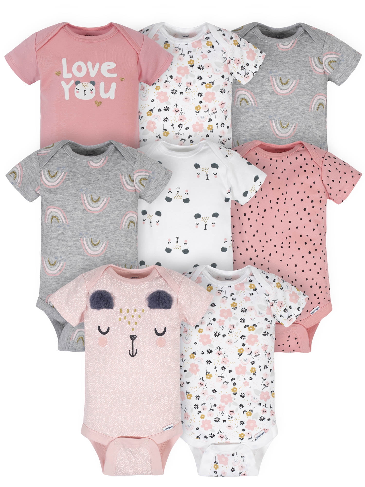 Gerber Baby Girl Short Sleeves Onesies Bodysuits, 8-Pack