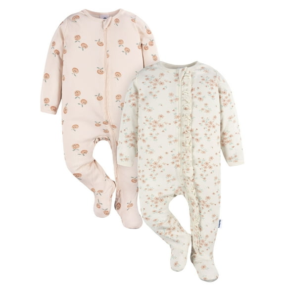 Gerber Baby Girl Sleep´N Play Footed Cotton Pajamas, 2-Pack, Sizes Newborn - 3/6 Months