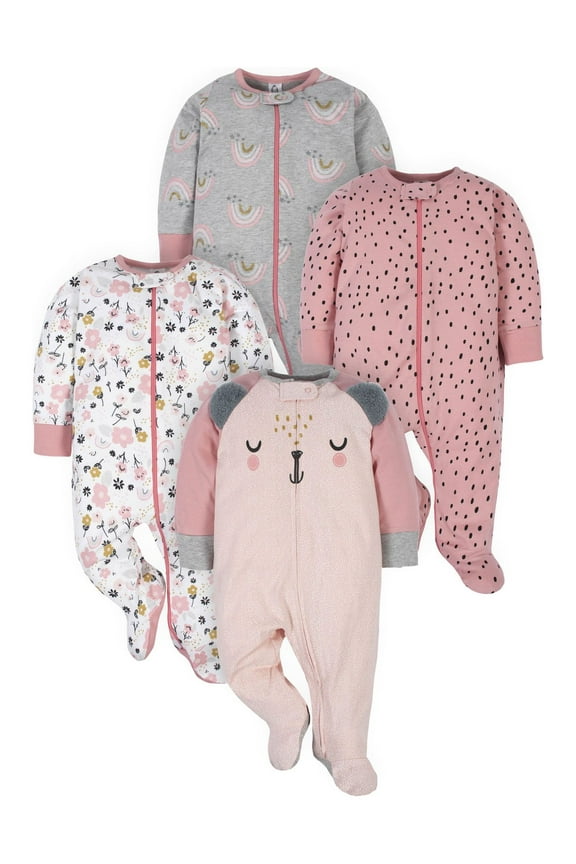 Baby Girl Sleep 'n Play Footed Pajamas, 4-Pack