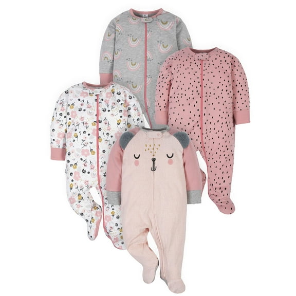 Gerber Baby Girl Sleep 'n Play Footed Pajamas, 4-Pack