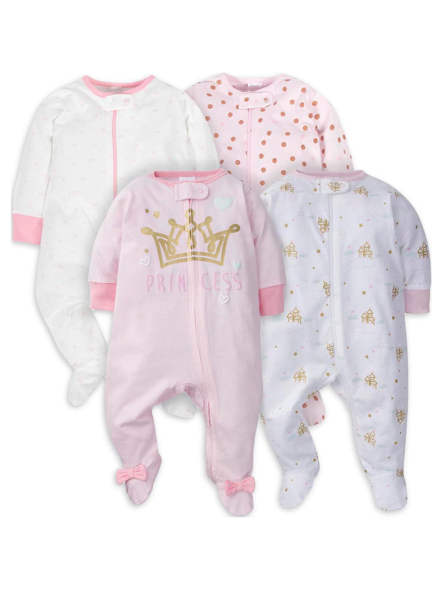 Gerber Baby Girl Sleep 'n Play Footed Pajamas, 4-Pack
