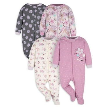Gerber Baby Girl Sleep 'n Play Footed Pajamas, 4-Pack