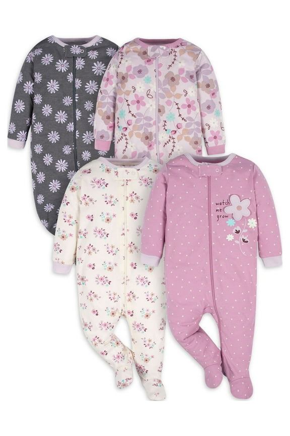 Baby Girl Sleep 'n Play Footed Pajamas, 4-Pack