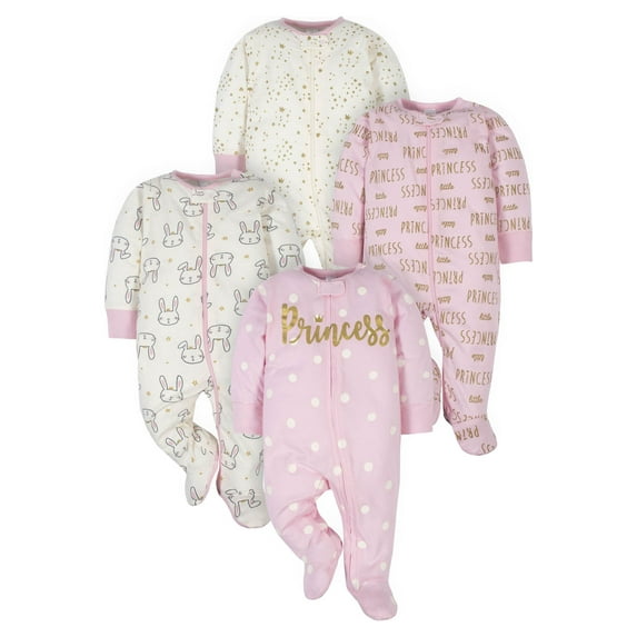 Gerber Baby Girl Sleep 'n Play Footed Pajamas, 4-Pack