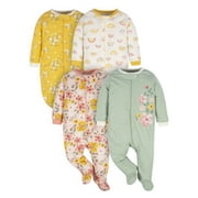 Gerber Baby Girl Sleep 'n Play Footed Pajamas, 4-Pack
