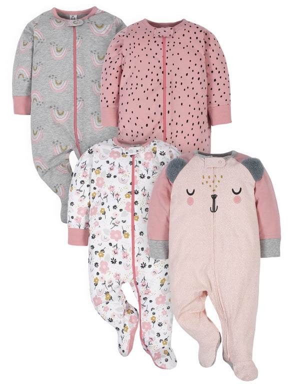 Baby Girl Sleep 'n Play Footed Pajamas, 4-Pack