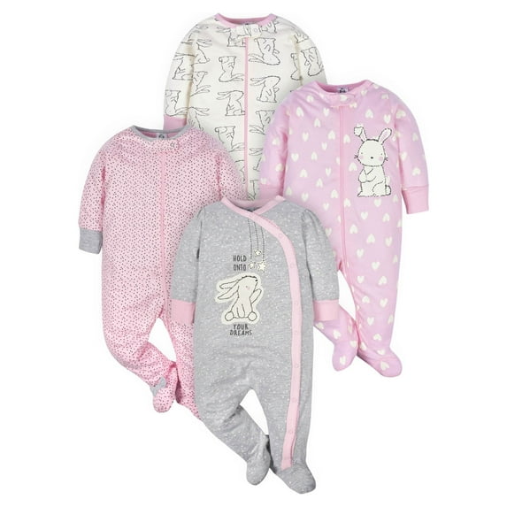Gerber Baby Girl Sleep 'n Play Footed Pajamas, 4-Pack