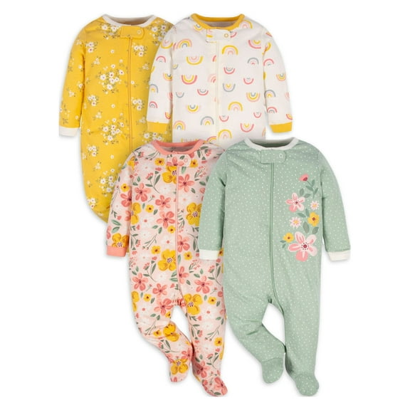 Gerber Baby Girl Sleep 'n Play Footed Pajamas, 4-Pack