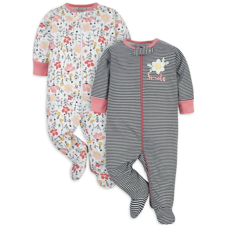 Gerber Baby Girl Sleep 'n Play Footed Pajamas, 2-Pack (0/3 Months - 6/9  Months) 