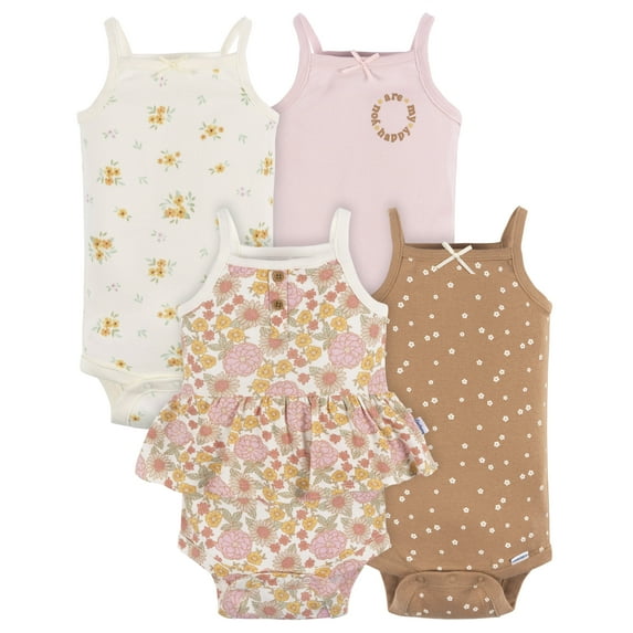 Gerber Baby Girl Sleeveless Bodysuits, 4-Pack, Sizes Newborn - 24 Months