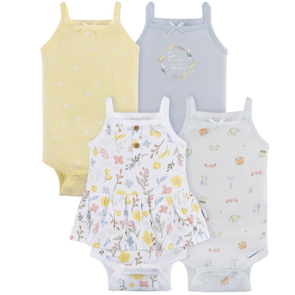 Gerber Baby Girl Sleeveless Onesies, 4-Pack, Sizes 0/3 Months - 24 Months