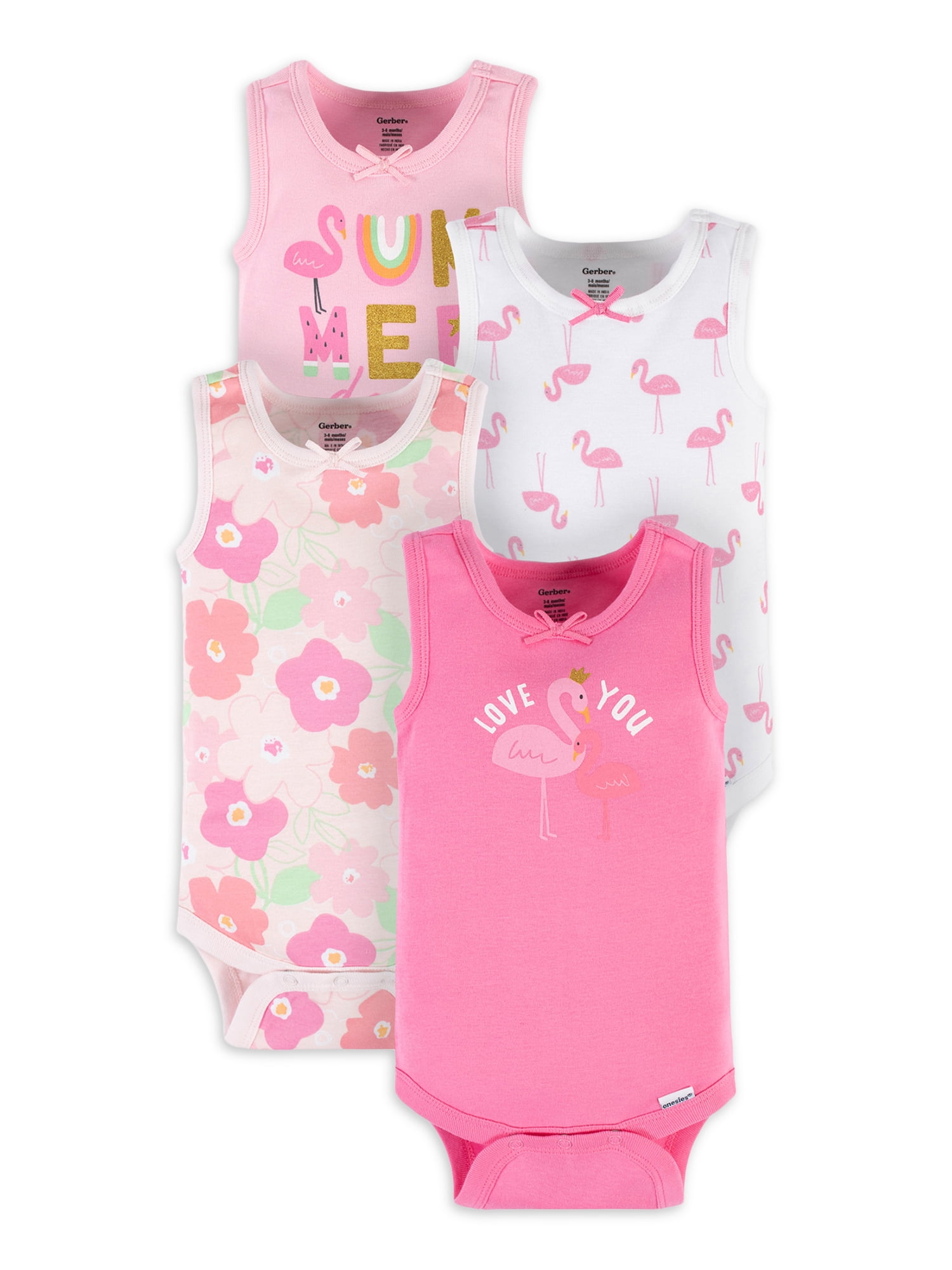 Gerber Baby Girl Tank Onesies Bodysuits, 4Piece, (Newborn 24 Months