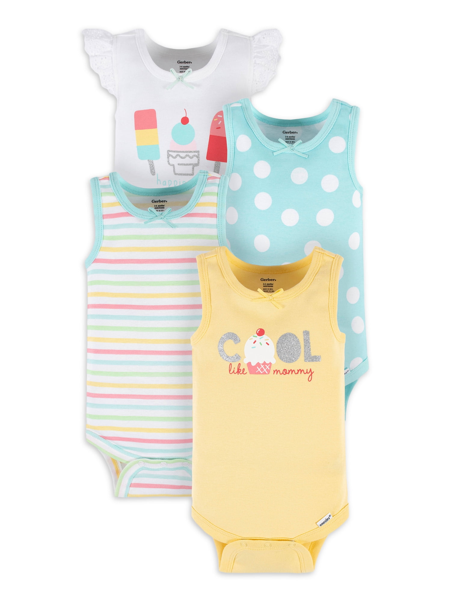 Gerber Baby Girl Tank Onesies Bodysuits, 4Piece, (Newborn 24 Months