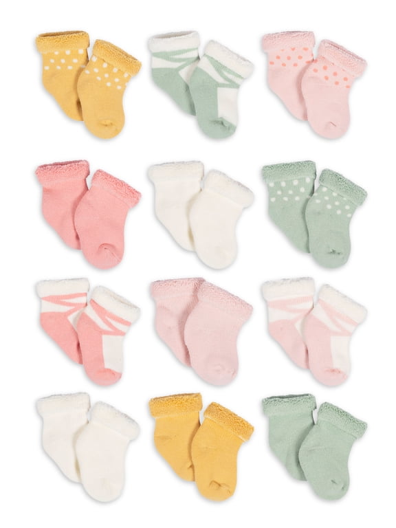 Baby Girl Terry Wiggle-Proof Socks, 12-Pack (0-3 Months - 6/9 Months)