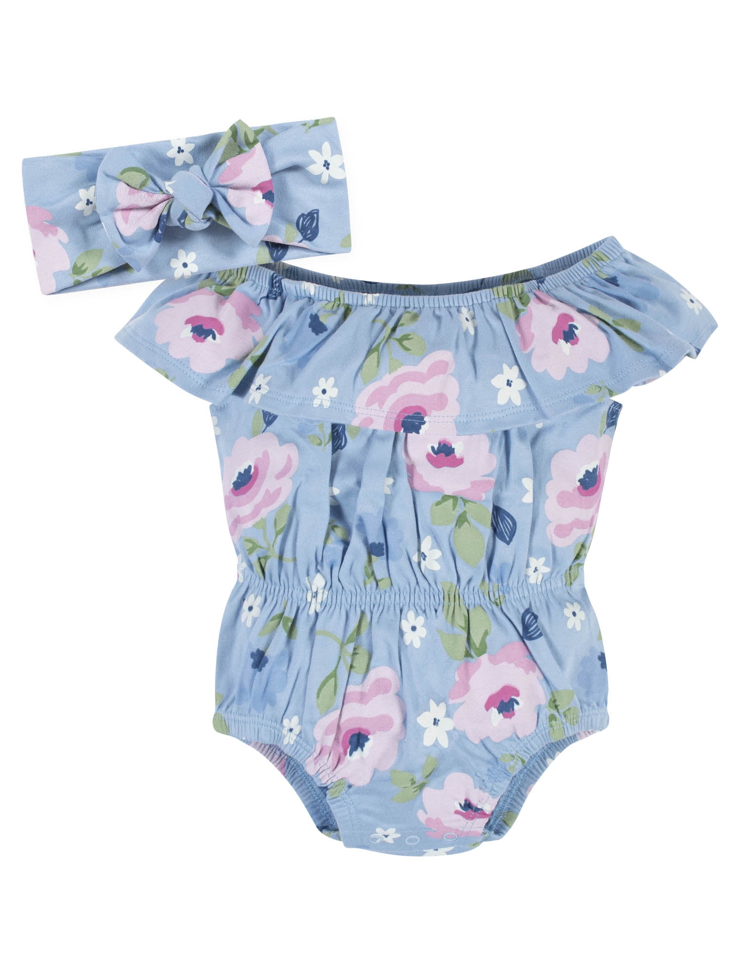 Gerber Baby Girl Wide Neck Romper & Headband Outfit Set, 2-Piece, (0/3 Months - 12 Months)