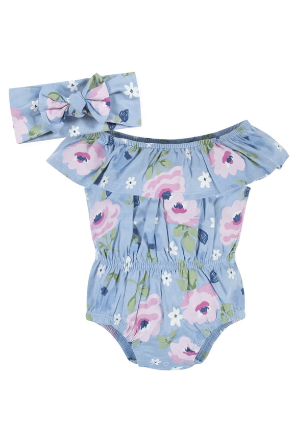 Baby Girl Wide Neck Romper & Headband Outfit Set, 2-Piece, (0/3 Months - 12 Months)