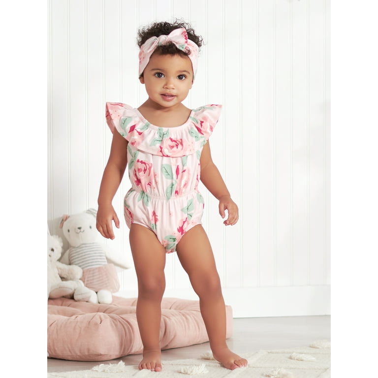 Gerber Baby Girl Wide Neck Romper & Headband Outfit Set, 2-Piece, (0/3  Months - 12 Months) 