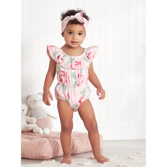 Gerber Baby Girl Wide Neck Romper & Headband Outfit Set, 2-Piece, (0/3 Months - 12 Months)