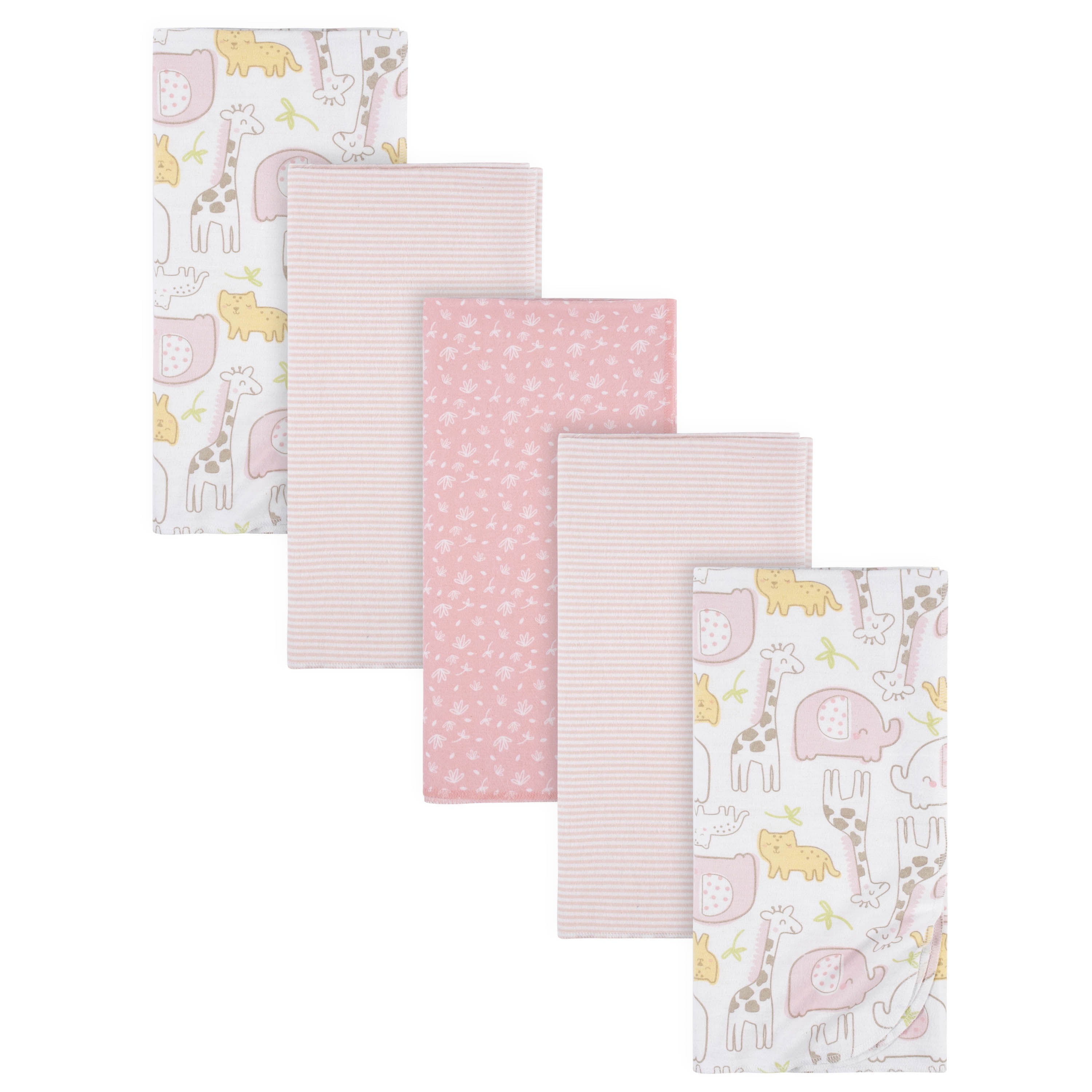 Gerber Baby Girls 100% Cotton Flannel Receiving Blankets, 5-Pack, Pink, Pink Safari