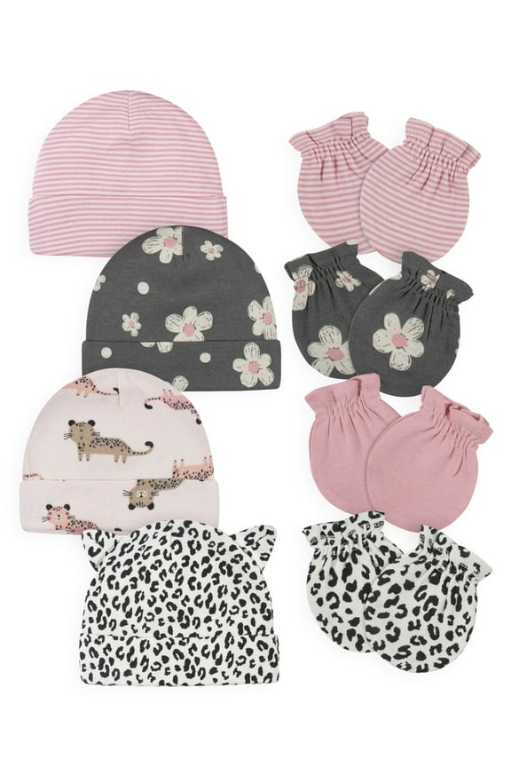 Baby Girls Caps & Mittens Set, 8-Piece