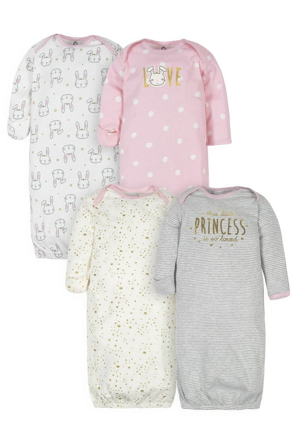 Baby Girls Lap Shoulder Gowns with Mitten Cuffs, 4-Pack, Preemie-0/6M