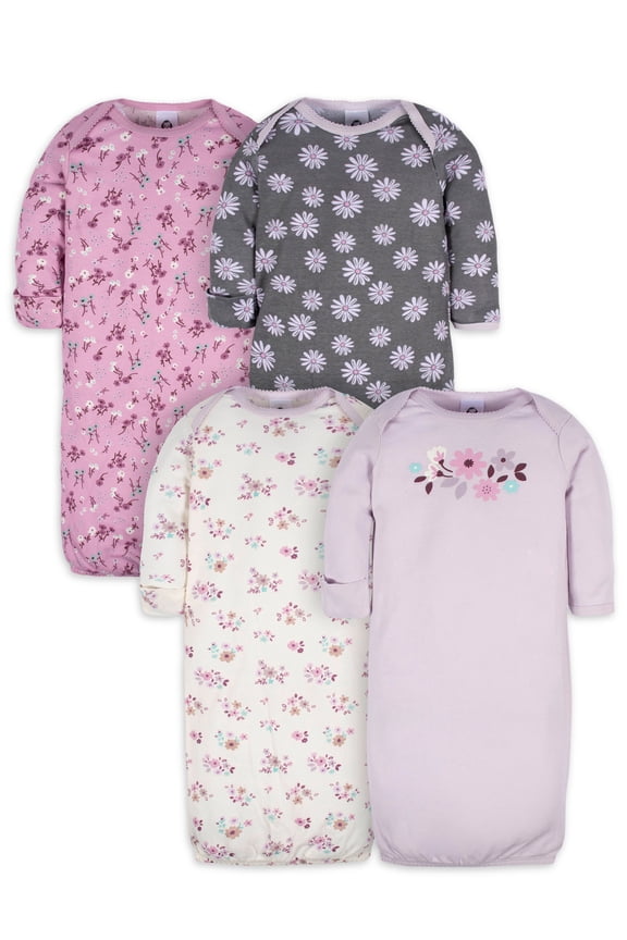 Baby Girls Lap Shoulder Gowns with Mitten Cuffs, 4-Pack, Preemie-0/6M