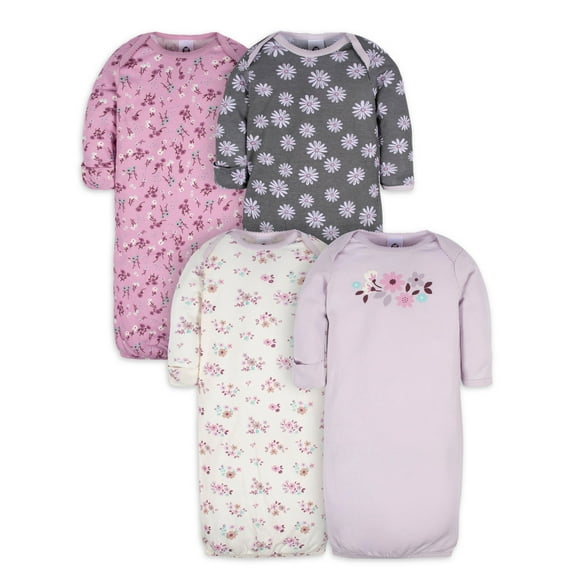 Gerber Baby Girls Lap Shoulder Gowns with Mitten Cuffs, 4-Pack, Preemie-0/6M